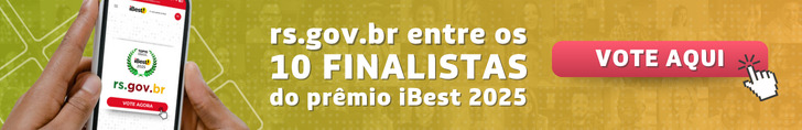 Banner retangular, em tons de verde e amarelo, com o texto: “rs.gov.br entre os 10 finalistas do prêmio iBest 2025”. À direita, há um botão grande vermelho com o texto em branco: “VOTE AQUI”, acompanhado de um ícone de mão clicando.