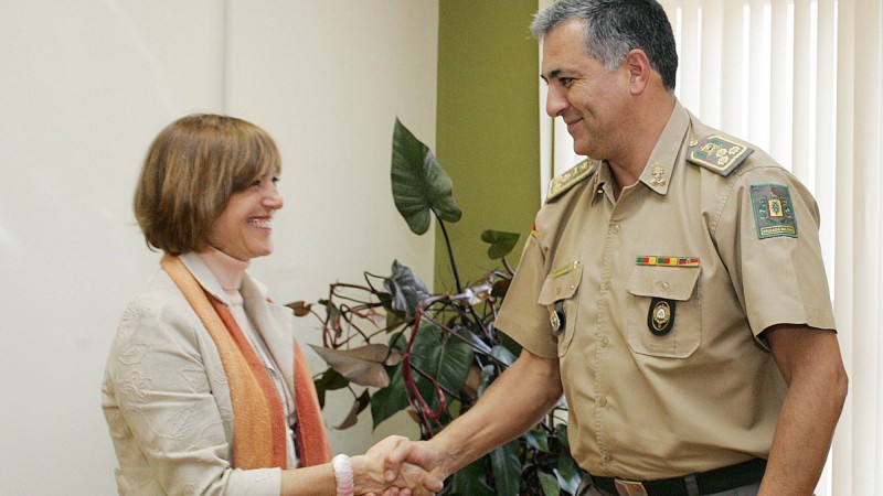 A secretária interina da Segurança Pública, Ana Maria Pellini durante visita ao comandante da Brigada Militar, coronel Edson Ferreira Alves.