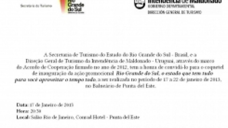 O Departamento de Promoção e Marketing da Secretaria do Turismo (Setur) promove, no dia 17 de janeiro, o coquetel de lançamento da ação promocional Rio Grande do Sul: o Estado que tudo para você aproveitar o tempo todo, no salão Rio de Janeiro, do Hotel