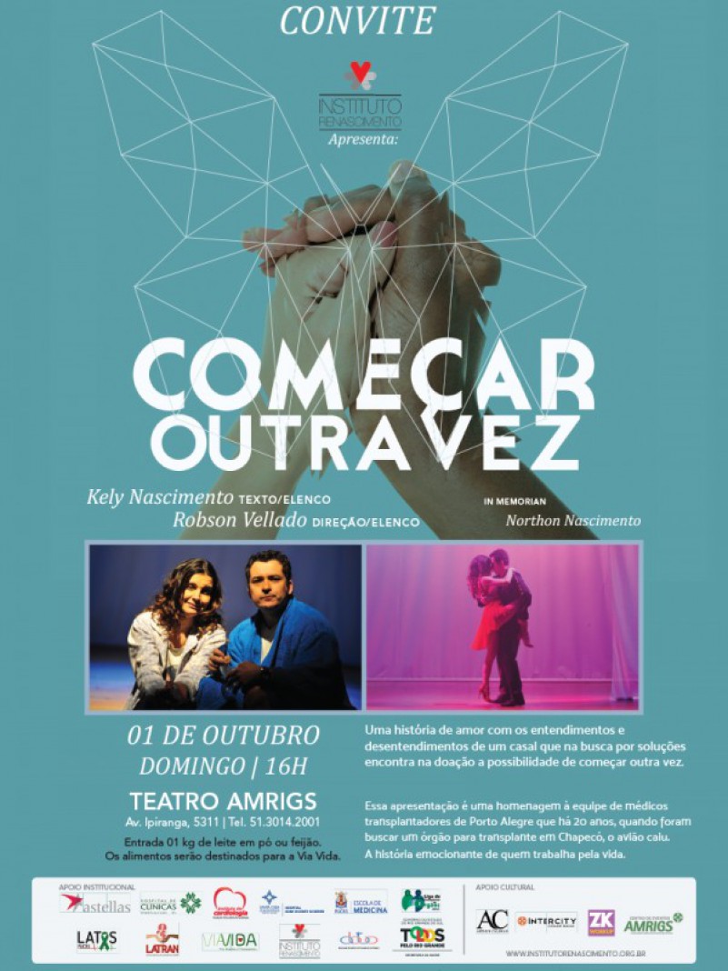 Espetáculo que destaca doação de órgãos e prevenção das hepatites será apresentado em outubro no Teatro da Amrigs