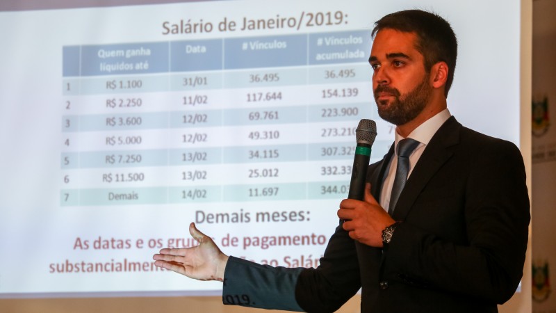 PORTO ALEGRE, RS, BRASIL, 31/01/2019 - O governador Eduardo Leite participou de coletiva de imprensa na manhã dessa quinta-feira (31) para tratar sobre a situação fiscal do Estado e a divulgação do calendário de pagamento dos salários de janeiro.