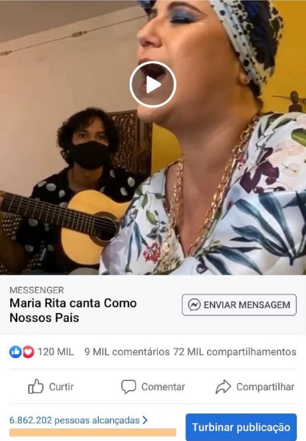 Trecho da live de Maria Rita na CCMQ publicado no Facebook foi um dos conteúdos com maior engajamento recente no Brasil