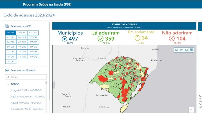 Painel para monitoramento das adesões dos municípios do Estado ao Programa Saúde na Escola (PSE)