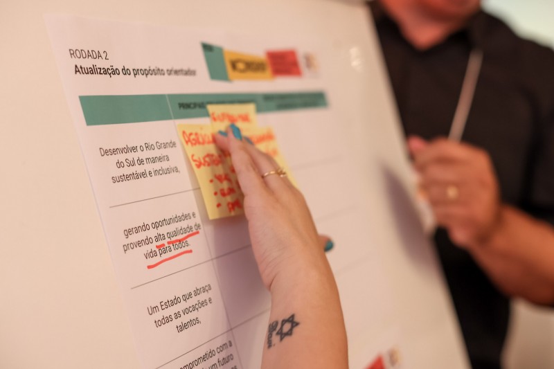 Sobre um painel com uma tabela, uma mão feminina, com unhas pintadas de azul, cola um post it amarelo com texto escrito na cor vermelho, durante uma das dinâmicas de produção de conhecimento do Workshop de de Lideranças do Governo.