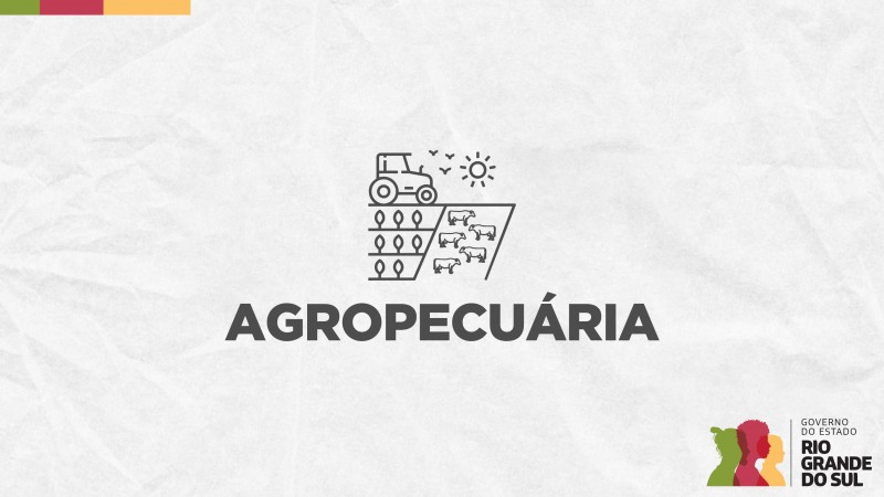 Card em fundo cinza, no qual est&aacute; escrito Agropecu&aacute;ria ao centro, logo abaixo de um &iacute;cone formado por uma imagem representativa do campo dividido em planta&ccedil;&atilde;o do lado esquerdo e cria&ccedil;&atilde;o de gado do lado direito, sobre o qual est&aacute; um trator do lado esquerdo e um sol do lado direito. No canto inferior direito est&aacute; a logomarca utilizada pela gest&atilde;o 2023-2026 do governo do Rio Grande do Sul.