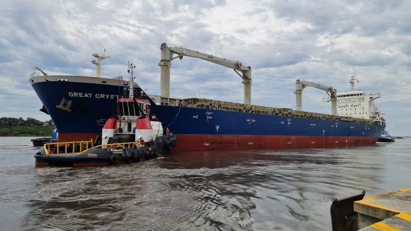 No rio, aparece uma grande embarca&ccedil;&atilde;o, de cores azul e vermelha. O c&eacute;u est&aacute; nublado. A foto registra a lateral do navio. 