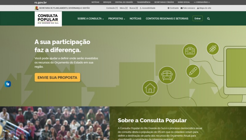Página inicial do site da Consulta Popular com destaque para um botão amarelo com o texto "envie sua proposta".