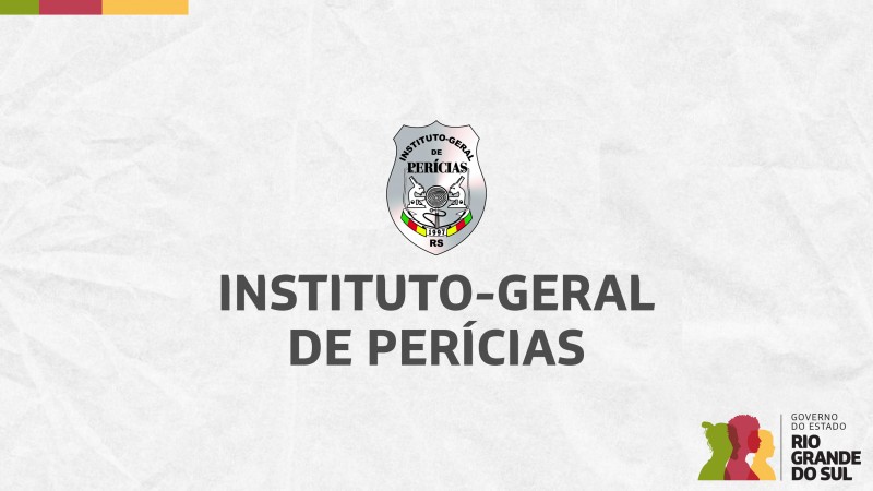 Card em fundo cinza, no qual está escrito Instituto-Geral de Perícias ao centro, logo abaixo do logo do IGP. No canto inferior direito está a logomarca utilizada pela gestão 2023-2026 do governo do Rio Grande do Sul.