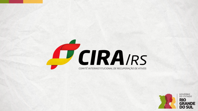 Card em fundo cinza com a logomarca colorida do Cira RS - Comitê Interinstitucional de Recuperação de Ativos. No canto inferior direito do Card está a logomarca utilizada pela gestão 2023-2026 do governo do Rio Grande do Sul. 