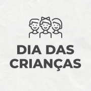 No centro do card, de fundo claro, há três figuras infantis estilizadas, com traços minimalistas, sorridentes e de diferentes gêneros. Abaixo das figuras, aparece o texto "DIA DAS CRIANÇAS" em letras grandes e escuras. No canto inferior direito, há o logotipo do governo do Estado do Rio Grande do Sul, com três perfis de pessoas coloridos em verde, vermelho e amarelo.