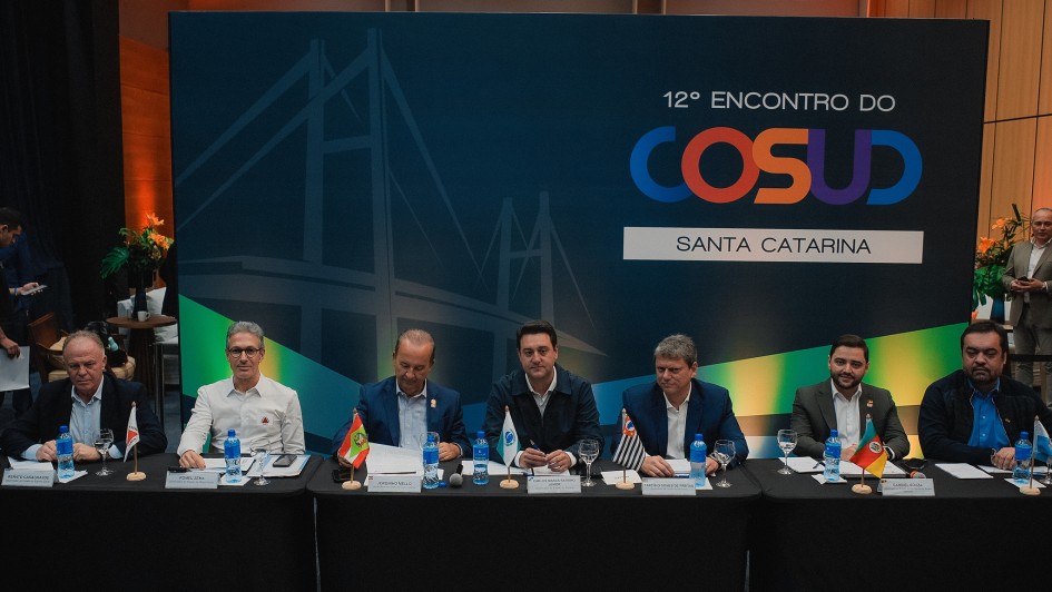 Os sete governadores sentados à mesa de reuniões, diante de um grande painel do décimo segundo Cosud.