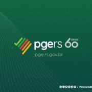 Card com a marca da PGE RS. No centro da imagem, traz as inscrições PGE RS 60 anos. Abaixo, o site pge.rs.gov.br. No lado esquerdo, o mapa do Rio Grande do Sul, de forma estilizada. O fundo do card é de tom verde escuro. 