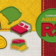 Card da campanha “Aquece RS” do Governo do Rio Grande do Sul, com fundo de tecido colorido e ilustrações de cama, travesseiro, cobertores e manta, simbolizando doações para o inverno.