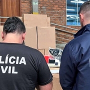 Imagem de dois agentes de costas conferindo mercadorias apreendidas na Operação Fronteira 2025.