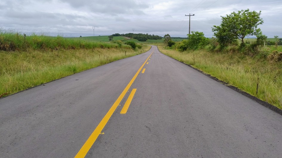 A imagem mostra uma estrada asfaltada de pista única que se estende ao longe sob um céu nublado. A estrada é cinza-escura e apresenta marcações amarelas no centro: uma linha contínua no lado esquerdo e uma linha tracejada no lado direito, indicando as faixas de tráfego e regras de ultrapassagem. Em ambos os lados da estrada, há faixas de grama verde vibrante e vegetação rasteira, com algumas árvores e arbustos mais distantes. No horizonte, pode-se ver morros e mais vegetação. À direita da estrada, um poste de madeira com fios elétricos se destaca contra o céu. A cena transmite uma sensação de tranquilidade e natureza, com a estrada convidando a uma jornada.