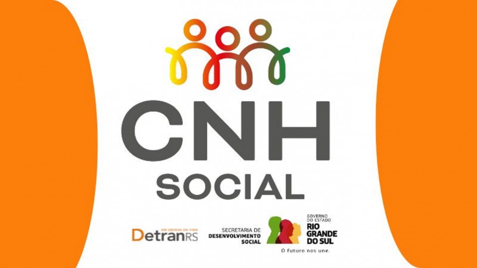 A imagem &eacute; um banner digital com um fundo laranja nas laterais e branco no centro. No topo central, h&aacute; uma ilustra&ccedil;&atilde;o colorida de tr&ecirc;s figuras humanas estilizadas e interligadas, em tons de laranja, vermelho e verde, simbolizando uni&atilde;o. Abaixo, em letras grandes e cinzas, l&ecirc;-se "CNH SOCIAL". Na parte inferior esquerda, em laranja e branco, est&aacute; o logotipo "DetranRS" com a frase "NO TR&Acirc;NSITO, O SENTIDO &Eacute; A VIDA". &Agrave; direita, em verde, laranja e vermelho, h&aacute; um logotipo que representa o "GOVERNO DO ESTADO RIO GRANDE DO SUL", com as palavras "O FUTURO NOS UNE." abaixo. No meio, em letras menores e pretas, est&aacute; "SECRETARIA DE DESENVOLVIMENTO SOCIAL". A imagem promove um programa social relacionado &agrave; Carteira Nacional de Habilita&ccedil;&atilde;o.