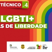 A imagem é um banner digital vibrante, com um fundo predominantemente vermelho escuro. No canto superior direito, há uma faixa vertical com as cores do arco-íris (vermelho, laranja, amarelo, verde, azul e roxo), simbolizando a bandeira LGBTQIA+. No canto superior esquerdo, há pequenas faixas horizontais coloridas nas cores da bandeira do Rio Grande do Sul (verde, vermelho e amarelo). O texto central, em negrito e maiúsculas, destaca o tema: "BOLETIM TÉCNICO nº 4" "PESSOAS LGBTI+ PRIVADAS DE LIBERDADE" (a palavra "LGBTI+" está em um tom de verde mais claro, contrastando com o branco das demais palavras).