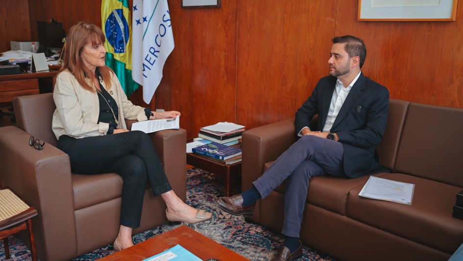 A foto mostra o Vice-governador Gabriel Souza e a embaixadora Gisela Padovan sentados em poltronas marrons, um de frente para o outro, em um escritório com paredes de madeira. Gabriel Souza, de barba e pele clara, veste um terno escuro, camisa branca e calças cinzas, com as pernas cruzadas. Ele olha para a embaixadora, que é uma mulher de pele clara, cabelos castanhos e compridos, vestindo uma jaqueta bege e calça preta, segurando alguns papéis. Ao fundo, uma estante com livros e objetos de decoração é visível, junto a bandeiras do Brasil e do Mercosul. No centro, uma mesa de centro com livros e um objeto escuro redondo. A iluminação é suave e o ambiente parece formal.