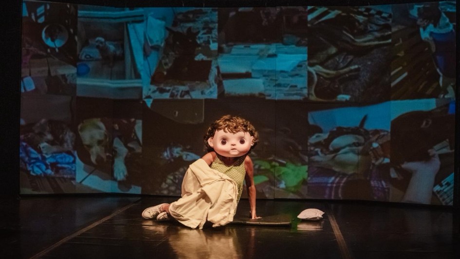 Em um palco escuro, uma pessoa está sentada no chão, com o corpo parcialmente coberto por um pano branco e usando um grande capacete ou máscara que representa um rosto infantil com olhos grandes e expressão neutra. A máscara tem cabelo cacheado castanho. Ao fundo, há uma grande projeção com várias imagens de animais, aparentemente cachorros em diferentes ambientes. A iluminação destaca a figura no centro do palco, criando um contraste dramático com o fundo. A cena remete a uma apresentação teatral ou performance artística.