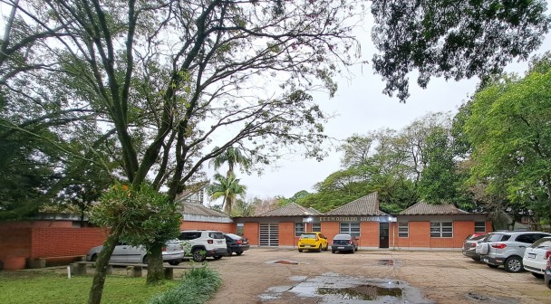 A foto mostra a fachada da EEEM Osvaldo Aranha, um prédio de alvenaria em tons de tijolo aparente, com telhados inclinados e várias janelas horizontais. Em frente à escola, há um pátio de terra batida com poças de água e carros estacionados, incluindo um carro amarelo vibrante. Grandes árvores com folhagem densa ocupam o primeiro plano e o fundo, criando um ambiente sombrio. O céu está nublado, e o nome da escola é visível na fachada, indicando um ambiente escolar tradicional em dia chuvoso.