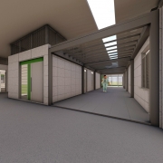 A foto é uma maquete que mostra uma área externa de circulação em uma escola. A área tem um piso cinza claro e é parcialmente coberta por um teto plano com pilares brancos. À direita, há uma fileira de edifícios modulares, e à esquerda, uma área verde com árvores e um caminho coberto. Duas figuras humanas (um adulto e uma criança) podem ser vistas no espaço.