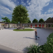 : A foto mostra uma maquete de um pátio externo. Há uma área com bancos de concreto e árvores, uma passarela coberta com pilares brancos e teto amarelo, e ao fundo, o prédio da escola com grandes janelas.