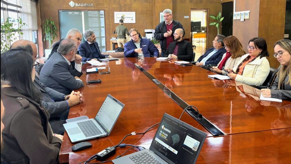 A fotografia retrata uma reunião em sala de conferência com cerca de 14 pessoas sentadas em uma grande mesa de madeira escura e brilhante. Os participantes, a maioria homens, estão vestidos com trajes sociais, como ternos e camisas. Ao centro, o presidente em exercício do Badesul, Flavio Lammel, um homem de colete cinza e barba grisalha fala, gesticulando com a mão direita, enquanto outros o observam. Em primeiro plano, dois notebooks estão abertos na mesa.