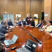 A fotografia retrata uma reunião em sala de conferência com cerca de 14 pessoas sentadas em uma grande mesa de madeira escura e brilhante. Os participantes, a maioria homens, estão vestidos com trajes sociais, como ternos e camisas. Ao centro, o presidente em exercício do Badesul, Flavio Lammel, um homem de colete cinza e barba grisalha fala, gesticulando com a mão direita, enquanto outros o observam. Em primeiro plano, dois notebooks estão abertos na mesa.