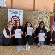 Cinco mulheres estão alinhadas atrás de uma mesa coberta por uma toalha dourada. Quatro delas, posicionadas ao centro, seguram papéis oficiais assinados e sorriem para a câmera. À esquerda, uma das mulheres veste blusa branca de gola alta e colete preto. Ao seu lado, uma mulher de óculos e cabelo ruivo veste blazer preto. No centro, outra mulher de cabelos escuros soltos veste blusa preta. À direita dela, uma jovem de óculos veste camiseta preta e blazer, e a última, à extrema direita, é uma senhora de cabelos grisalhos que veste jaqueta marrom.

Ao fundo, há um banner da Escola Estadual de Ensino Médio José Bonifácio, bandeiras do Brasil, do Rio Grande do Sul e de outros estandartes. A cena sugere um ato de assinatura ou entrega de documentos oficiais relacionados à escola.