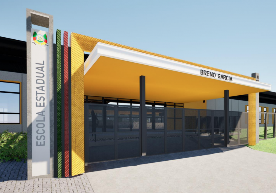 Imagem de projeto de um pórtico de entrada da escola, nas cores amarelo, verde e vermelho. Ao centro lê-se o nome da Escola Estadual Breno Garcia.