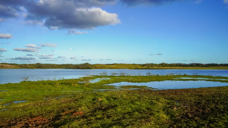 Fotografia de uma paisagem natural com um lago ao centro, de águas calmas e azuladas. À frente, há uma área de vegetação rasteira verde, parcialmente alagada, formando pequenos espelhos d’água. Ao fundo, vê-se uma linha de árvores e colinas baixas. O céu está predominantemente azul, com nuvens esparsas, incluindo algumas maiores e mais escuras no canto superior da imagem. A cena transmite tranquilidade e sensação de contato com a natureza.