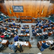 Fotografia mostra o plenário da Assembleia Legislativa do Rio Grande do Sul durante sessão. Deputados e deputadas ocupam seus lugares em bancadas de madeira dispostas em semicírculo. Algumas pessoas estão em pé, outras sentadas, manuseando documentos ou conversando. No fundo, sobre a parede de madeira, há o brasão do Estado e a bandeira do Rio Grande do Sul, ao lado da bandeira do Brasil. Um grande painel eletrônico exibe informações da sessão, enquanto telões nas laterais projetam imagens do presidente da mesa diretora.