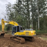 Fotografia de uma escavadeira hidráulica amarela, modelo XE225BR da marca XCMG, estacionada sobre um terreno de terra e pedras às margens de um rio. Ao fundo, há uma área de mata com árvores altas e de troncos claros, além de vegetação densa. O céu está nublado, compondo um cenário de trabalho em área natural.