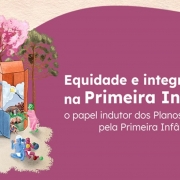 A imagem é uma ilustração colorida que mostra várias caixas abertas, cada uma contendo elementos relacionados à infância, como brinquedos e crianças brincando. Ao fundo, há árvores em tons de verde, rosa e laranja. No lado direito da imagem, sobre um fundo roxo, está o texto:
"Equidade e integralidade na Primeira Infância
o papel indutor dos Planos Municipais pela Primeira Infância"