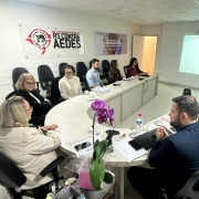 Imagem mostra sala de reunião da SES com uma mesa em formato de U com secretária numa das pontas e outras pessoas dispostas em outros pontos da mesa. 