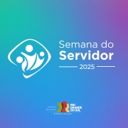 A imagem tem um fundo com um degradê colorido que vai do verde ao azul e ao roxo. No centro, há um logotipo branco formado por três figuras humanas estilizadas, com braços erguidos, dentro de uma forma arredondada. À direita do logotipo está o texto em branco: “Semana do Servidor 2025”, com “Servidor” em destaque em negrito. Na parte inferior da imagem, aparece o logotipo do Governo do Estado do Rio Grande do Sul, com três perfis humanos sobrepostos em cores vermelho, amarelo e verde, ao lado do texto: “Governo do Estado – Rio Grande do Sul – O futuro nos une.”