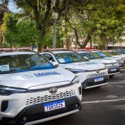 A imagem mostra uma fileira de veículos brancos da marca Toyota estacionados em uma área externa, possivelmente um estacionamento. Os carros estão identificados com a inscrição “Polícia Civil” no capô e possuem sirenes com luzes azul e vermelha no teto. A placa do primeiro veículo da fila é “TOR1G26”. Ao fundo, há árvores, um poste de iluminação e edificações, indicando que o local está em uma área urbana.