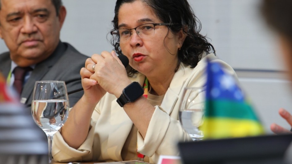 Fotografia de uma mulher e um homem sentados à mesa durante uma reunião formal. A mulher está falando em um microfone de mão, com expressão séria e atenta. Ela tem cabelo castanho escuro, ondulado e curto, usa óculos de grau, blazer claro e um relógio preto no pulso esquerdo. À sua frente há uma taça com água, um celular e alguns papéis. O homem ao lado esquerdo dela observa atentamente, vestindo um terno escuro e gravata. No primeiro plano, parcialmente desfocados, aparecem bandeiras (uma delas com as cores da bandeira do Brasil) e o ombro de outra pessoa. Ao fundo, o ambiente parece ser uma sala de conferências ou auditório, com iluminação clara e neutra.