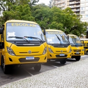 Fila de ônibus escolares amarelos estacionados em via urbana arborizada. Os veículos exibem a palavra “ESCOLAR” na parte superior frontal. Uma pessoa aparece parcialmente ao lado de um dos ônibus, com a porta aberta. Ao fundo, há prédios residenciais.