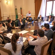 Em uma sala ampla e bem iluminada, com cortinas douradas e bandeiras do Rio Grande do Sul ao fundo, um grupo de pessoas está reunido ao redor de uma grande mesa de madeira. Elas utilizam notebooks, papéis e canetas, demonstrando concentração em uma reunião de trabalho. Um homem em pé fala ao grupo, enquanto os demais escutam atentamente. O ambiente possui decoração clássica e mobiliário elegante.