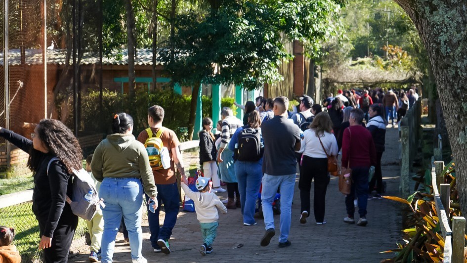 A imagem mostra um grupo grande de pessoas caminhando por um caminho pavimentado dentro de um zoológico ou parque natural. À esquerda, há uma cerca de tela com um recinto de animais, onde algumas pessoas — incluindo uma mulher com cabelo cacheado e blusa preta — estão apontando, possivelmente mostrando um animal para as crianças. O local é arborizado, com sombra de árvores projetada no chão. Entre os visitantes, há adultos e crianças, muitas com mochilas e roupas casuais. Um menino pequeno, de boné colorido, segura a mão de um adulto enquanto caminha. Ao fundo, o caminho continua e está bastante movimentado, indicando grande fluxo de visitantes no local. O clima parece agradável e ensolarado.