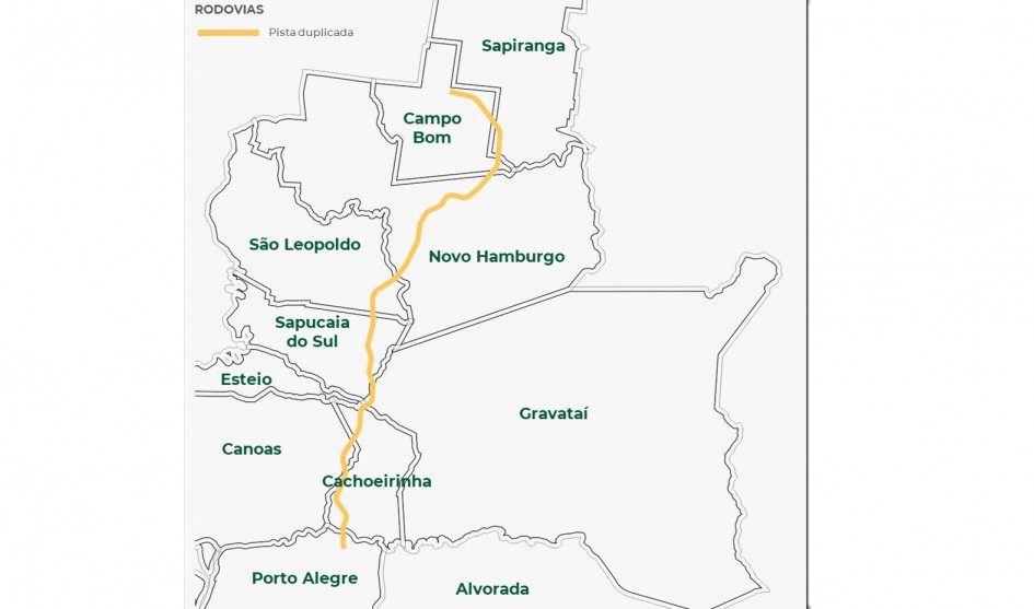 Mapa mostra os limites das principais cidades da parte norte da Região Metropolitana de Porto Alegre, com um traçado em amarelo, indicando por onde passará a rodovia ERS-010