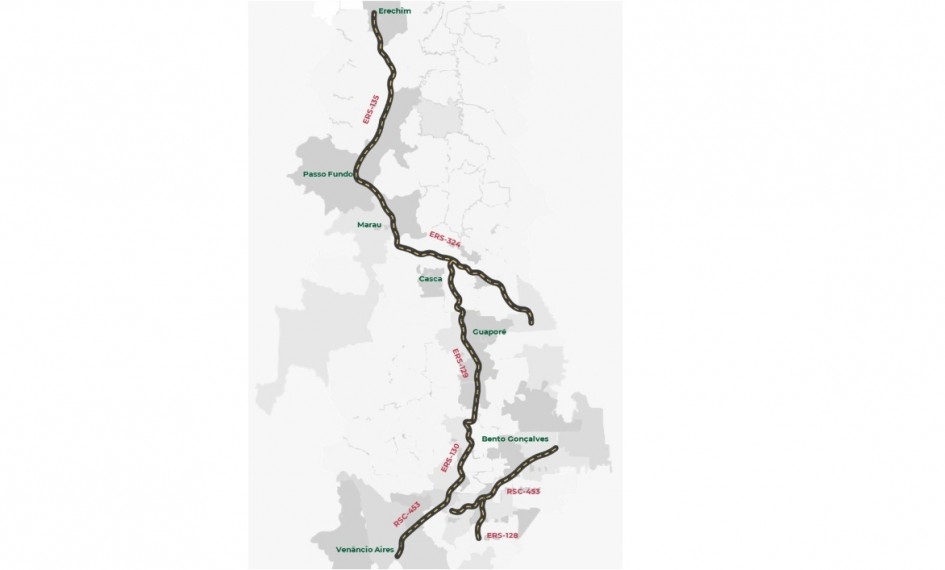 Mapa mostra traçado de rodovias, uma ligando à outra, contemplando várias cidades