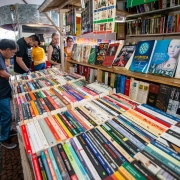 Foto exibe pessoas procurando livros em estande da Feira do Livro