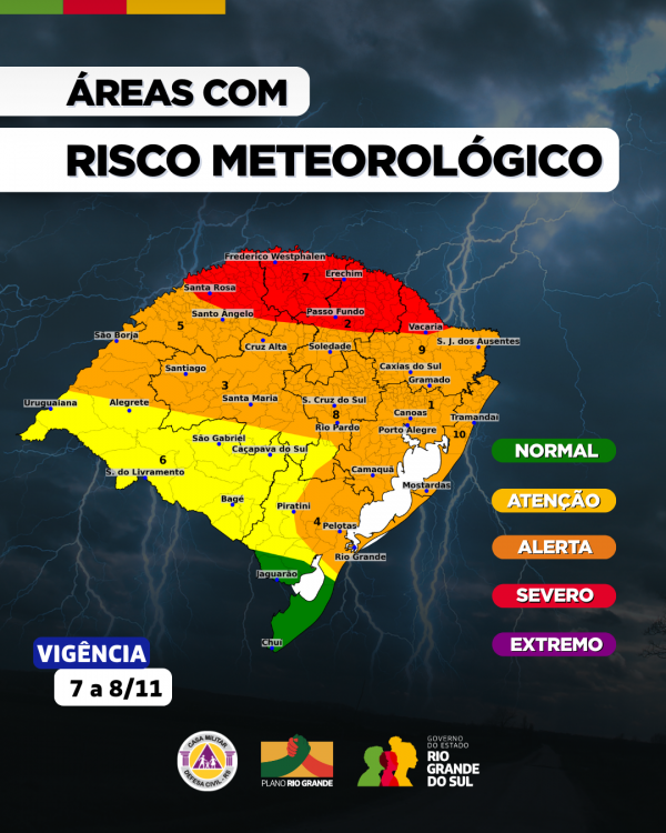O card mostra um mapa do RS com o seguinte título: "Áreas com risco meteorológico". Há legendas de cores verde (normal), amarelo (atenção), laranja (alerta), vermelho (severo) e roxo (extremo). 