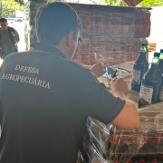 A imagem mostra um homem de costas, com camiseta preta em que se lê "Defesa Agropecuária". Ao lado dele, há fardos de bebidas e, em destaque, quatro litros de vinho colonial. 