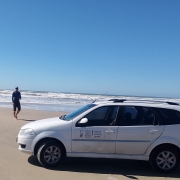 Imagem mostra veículo da Secretaria Estadual de Meio Ambiente e Infraestrutura (Sema), em primeiro plano à direita, e um servidor, ao fundo à esquerda.