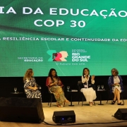 A imagem mostra quatro mulheres sentadas em cadeiras em um palco. Ao fundo, há um painel onde se lê "Dia da Educação COP30", o título do painel e as marcas da Secretaria da Educação e do governo do Estado do Rio Grande do Sul.