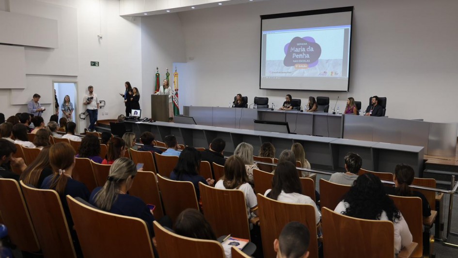 Foto de auditório, tirada meio de lado, mais para o fundo, enquadrando o palco.