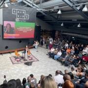 Foto mostra visão de cima de um auditório onde uma mulher apresenta diante de uma plateia, com um telão mostrando uma programação na tela. 